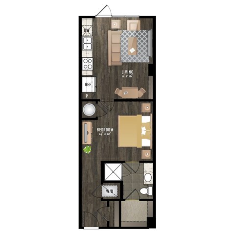 Floor plan for studio, 1 bath, 604 sqft